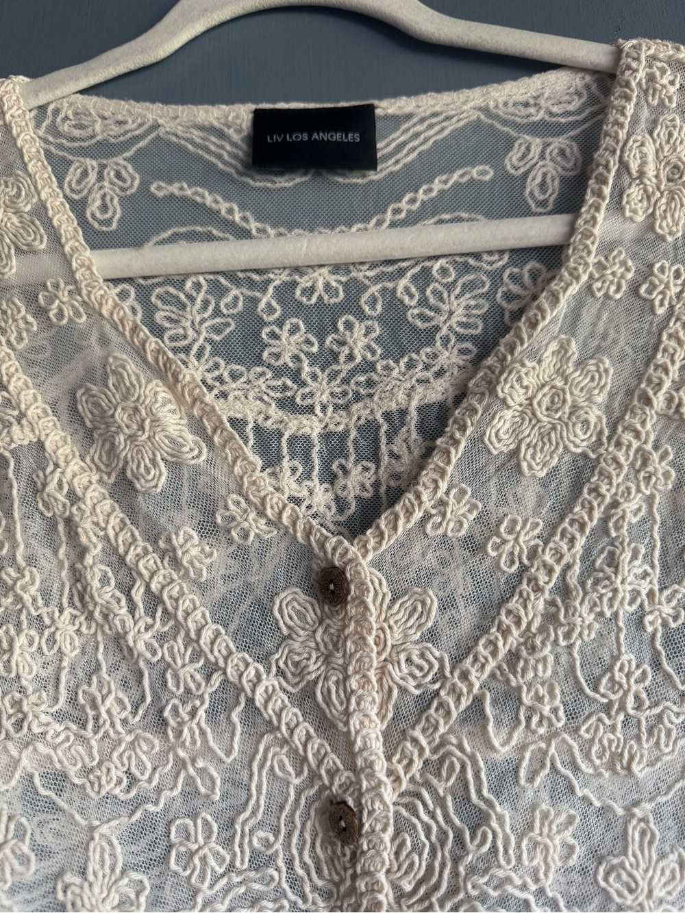 LIV Los Angeles Women’s Cream/Beige Embroidered Mesh Lace Cardigan Size L - Picture 4 of 11